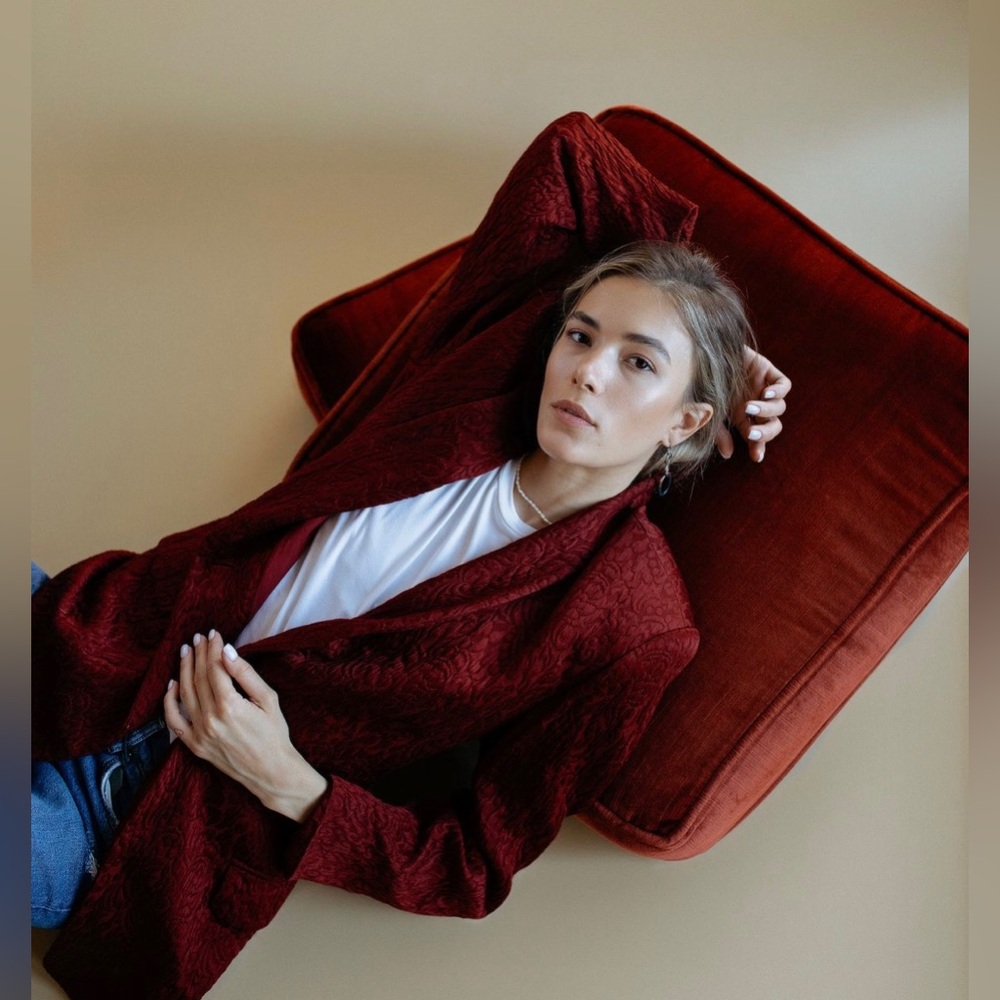 Deep red Jacquard jacket.